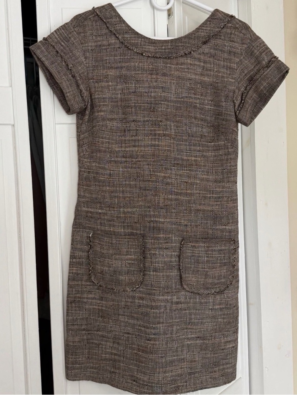 W By Worth Dress Womens Small Brown Tweed Linen Cotton Fringe Pocket Shift
